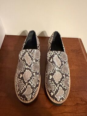 Vince Snake Print Slip-On Moccasins in Black, Brown & Cream